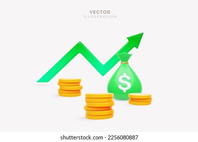 3d growth stock chart with coins investing icon, Excellent investing business graph on background . 3d rendering. Vector illustration