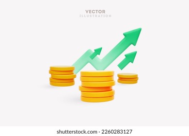 3d growth stock chart with coins investing icon, Excellent investing business graph on background . 3d rendering. Vector illustration