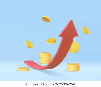 3d growth stock chart with coins investing icon, Excellent investing business graph on background. investment solution . 3d rendering. Vector illustration