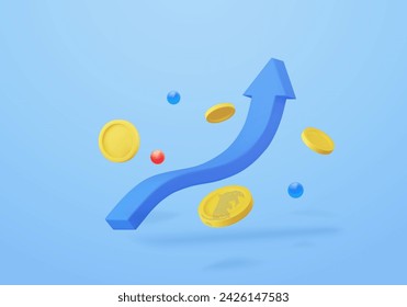 3d growth stock chart with coins investing icon, Excellent investing business graph on background. investment solution . 3d rendering. Vector illustration