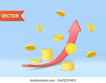 3d growth stock chart with coins investing icon, Excellent investing business graph on background. investment solution . 3d rendering. Vector illustration