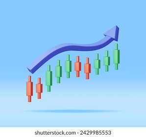 3D Growth Stock Diagram with Arrow Isolated. Render Stock Candle Shows Growth or Success. Financial Item, Business Investment, Financial Market Trade. Money and Banking. Vector Illustration