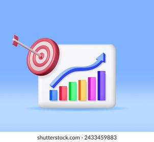 Diagrama de stock de crecimiento 3D con flecha y objetivo aislados. Las barras de renderizado de material muestran crecimiento o éxito. Partida Financiera, Inversión De Negocios, Comercio En El Mercado Financiero. Dinero y Banca. Ilustración vectorial