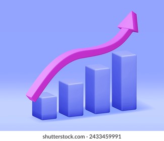 Diagrama de stock de crecimiento 3D con flecha aislada. Las barras de renderizado de material muestran crecimiento o éxito. Partida Financiera, Inversión De Negocios, Comercio En El Mercado Financiero. Dinero y Banca. Ilustración vectorial