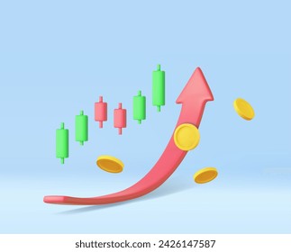 Gráfico financiero de diagrama de acciones de crecimiento 3d. candelabro con flecha hacia arriba. Gestión de inversiones con moneda de dinero y concepto gráfico. renderizado 3d. Ilustración de vector