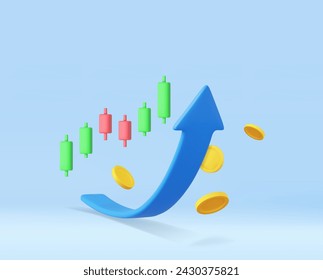 3d Growth stock diagram financial graph. candlestick with arrow up Trading stock or forex. Investment management with money coin and graph concept. 3d rendering. Vector illustration