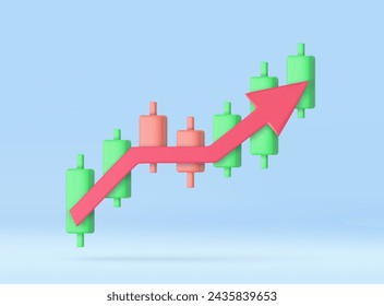 3D-Wachstumsaktiendiagramm Finanzdiagramm. Kerzenleuchter mit Pfeil nach oben Handelsaktien oder Forex. Hervorragendes Investment- und Bankmanagement. 3D-Rendering Vektorgrafik