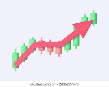 3d Growth stock diagram financial graph. candlestick with arrow up Trading stock or forex. Excellent investing business and banking management. 3d rendering. Vector illustration