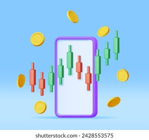 Diagrama de stock de crecimiento 3D en el teléfono móvil. Render Stock Candle en Smartphone muestra crecimiento o éxito. Partida Financiera, Inversión De Negocios, Comercio En El Mercado Financiero. Dinero y Banca. Ilustración vectorial