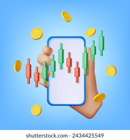 3D Growth Stock Diagram on Mobile Phone. Render Stock Candle on Smartphone Shows Growth or Success. Financial Item, Business Investment, Financial Market Trade. Money and Banking. Vector Illustration