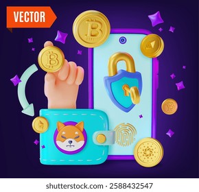 3d Guide Beginner Crypto Currency Concept Background Cartoon Design Style. Vector illustration of Smartphone with Coin, Protection Padlock and Wallet