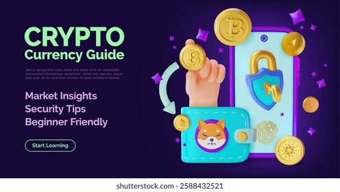 3d Guide Beginner Friendly Crypto Currency Concept Ads Banner Poster Card Cartoon Design Style. Vector illustration of Market Insights and Security Tips