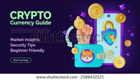 3d Guide Beginner Friendly Crypto Currency Concept Ads Banner Poster Card Cartoon Design Style. Vector illustration of Market Insights and Security Tips