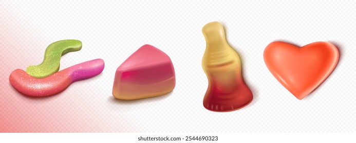 doce goma 3d. Vetor de garrafa de cola doce e macio. Cute açúcar crianças marmelada rosa minhoca sobremesa. Vitaminas realistas para mastigar crianças com textura de gelatina. Calorias brilhantes em forma variada clipart