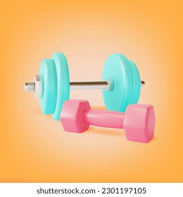 3d Gym Equipment Dumbbell Set Cartoon Style Symbol of Fitness Exercise. Vector illustration of Different Dumbell