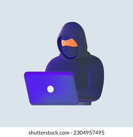 Hacker 3D, cibercriminal con laptop robando datos personales de los usuarios. Ataque hacker y seguridad web. Concepto de phishing de Internet. Hacker en el capó negro con una laptop tratando de ciberataques. Código de programación