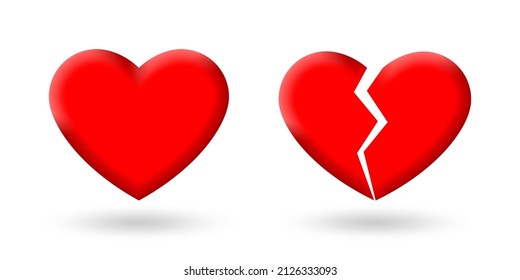 3d Haeart and Broken heart icon. Love break, divorce, heartbreak or breakup symbol. Vector illustration.