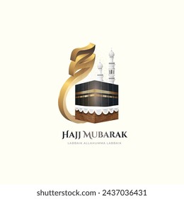 3d Hajj Mubarak Islamic pilgrimage mecca with realistic Arabic calligraphy background