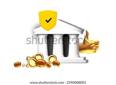 3D halftone bank building with security shield, thumbs up hand gesture and golden coins. Banking concept