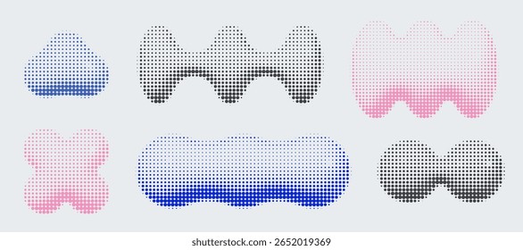 3d halftone brutal shapes collection. Trendy color Y2k pixelated geometric elements