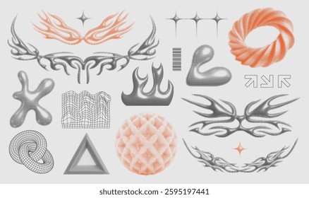 3d halftone dotted Retro brutalism graphic set. Grunge tribal and wireframe elements with stipplism, and chrome metallic retro elements. Vector set