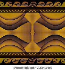 3d halftone greek border seamless pattern. Bright half tone circles background. Modern repeat textured backdrop. Beautiful dotted trendy ornament. Wavy borders, meanders, abstract shapes, lines, dots.