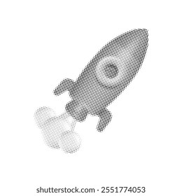 3d halftone rocket. Modern dotted collage element isolated on transparent background. Business startup concept. Creating ideas. Illustration with cut out newspaper elements