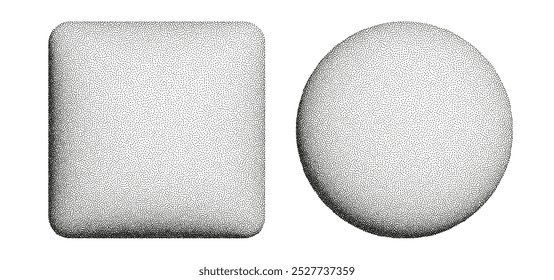 formas de meio-tom 3d, formas pontilhadas quadradas e circulares, elementos de mancha preta isolados em branco. Design vetorial.