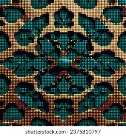 3d Halftone squares ornamental mosaic pattern. Half tone squares pixel digital vector background. Modern tapestry dots mosaic ornaments. Endless texture. Dotted halftone embroidery style backdrop.