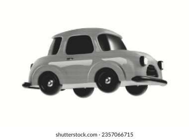 Ilustración del vector del vehículo de juguete de medio tono 3d. Elemento de diseño de automóviles con estilo de arte pop punteado en negro sobre fondo blanco. 