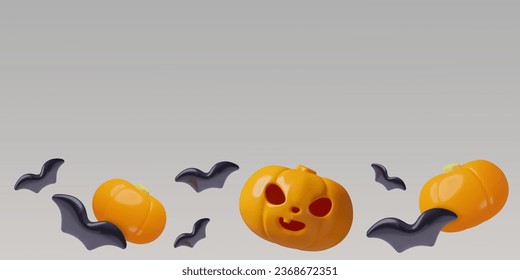 3D Halloween background with copy space. Horizontal border with flying pumpkins and bats. Minimal glossy plastic design elements. Vector illustration.