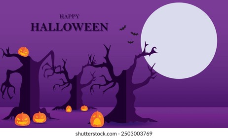 3D Halloween background design, with paper graphic style, Happy Halloween background with pumpkin lantern and moon,trick or treat