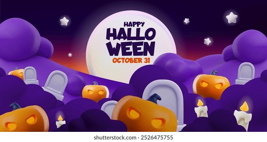 Fondo de Halloween 3D con calabazas, niebla y un cementerio por la noche. Ideal para invitaciones de fiesta o carteles de Halloween.