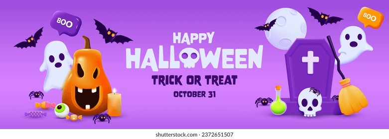 3D Halloween Background template with Happy Halloween text. Halloween design element In 3D and plastic cartoon style. Halloween pumpkin 3D style for poster, banner, greeting card. Vector 3d