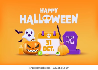 3D Halloween Background template with Happy Halloween text. Halloween design element In 3D and plastic cartoon style. Halloween pumpkin 3D style for poster, banner, greeting card. Vector 3d