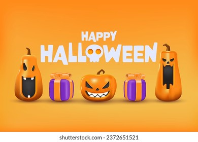 3D Halloween Background template with Happy Halloween text. Halloween design element In 3D and plastic cartoon style. Halloween pumpkin 3D style for poster, banner, greeting card. Vector 3d