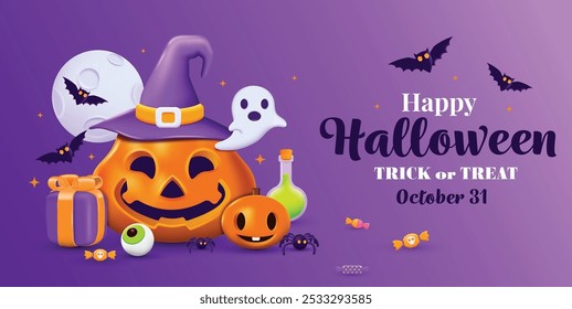 3D Halloween Background template with Happy Halloween text. Halloween design element In 3D and plastic cartoon style. Halloween pumpkin 3D style for poster, banner, greeting card. Vector illustration