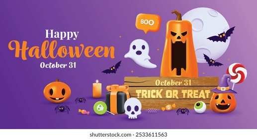 Modelo de plano de fundo de Halloween 3D com texto de Halloween feliz. Elemento de design de Halloween em 3D e estilo de desenho animado de plástico. Estilo de abóbora 3D de Halloween para cartaz, banner, cartão de saudação. Ilustração vetorial