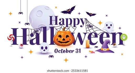 3D Halloween Background template with Happy Halloween text. Halloween design element In 3D and plastic cartoon style. Halloween pumpkin 3D style for poster, banner, greeting card. Vector illustration