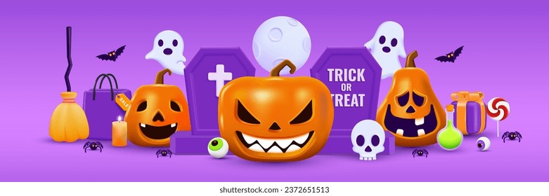 3D Halloween Background template with place for text. Halloween design element In 3D and plastic cartoon style. Halloween pumpkin 3D style for poster, banner, greeting card. Vector 3d illustration
