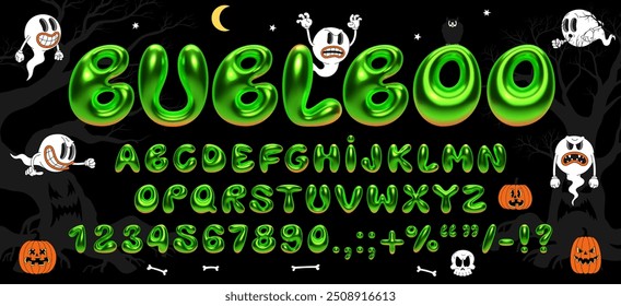 3D Halloween Ballon Blase Schriftart. Realistisch aufgeblasene giftige grüne fette Buchstaben, Zahlen. Gruseliges Vektoralphabet mit Geistereffekt für Horror-Typografie, Poster, gespenstische Designs mit fett gedruckter Schrift