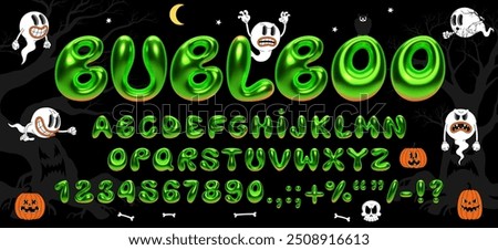 3D Halloween balloon bubble font. Realistic inflated toxic green bold letters, numbers. Creepy vector alphabet with ghostly effect for horror typography, posters, spooky designs with bold lettering