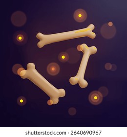 3d Halloween bones banner. Three-dimensional vector illustration design for spooky party invitation. Autumn evil night concept poster. Happy scary Skeleton character on glowing card.