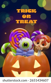 3D Halloween candies and jack-o-lantern banner. Spooky sweets, candy canes, eyeball, skull lollipop, and pumpkin lantern. For party invitations, posters, greeting cards, and festive designs.