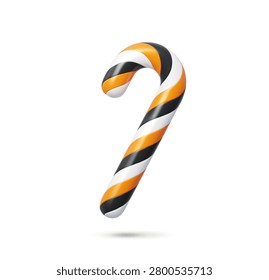 3d Halloween candy cane with twisted spiral shape and glossy surface. Vector Halloween holiday sweet sugar dessert in orange, black and white. Isolated realistic festive trick or treat festive snack