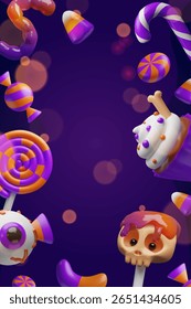 3D Halloween candy frame poster with sweets, cupcakes, eyeballs, lollipops, candy canes, jelly worms, skull. For party invitations, holiday banners, greeting cards, social media posts for Halloween.