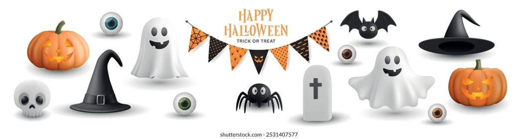 Conjunto de ícones 3D Halloween Cartoon. Ilustrações de Halloween assustadoras, bonitas e divertidas para decorações festivas. Truque ou Trate, conceito assombrado. Gráficos de desenhos animados de Halloween, Coleção de Modelos de Design