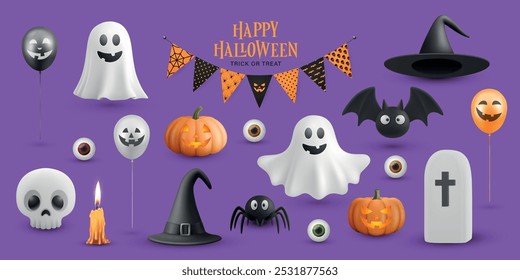 Conjunto de ícones 3D Halloween Cartoon. Ilustrações de Halloween assustadoras, bonitas e divertidas para decorações festivas. Truque ou Trate, conceito assombrado. Gráficos de desenhos animados de Halloween, Coleção de Modelos de Design