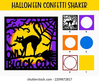 3D Halloween cat confetti shaker. Only black cats. Vector multilayer card. Template for paper cutting. Black cat with broom, web and bats. Inside you can fall asleep glitter and sequins.