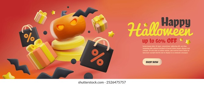3D Halloween discount flyer with vector illustrations. Includes ghost, pumpkin, and bats, perfect for spooky marketing promo during autumn season and parties.